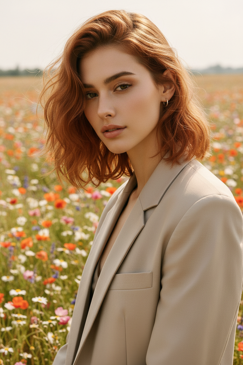 8. Erdbeer-Kupfer-Schleier Eine Frau mit schulterlangem Haar in einem warmen Erdbeer-Kupfer-Ton. Der Wind weht ihr durch die Haare. Sie trägt einen hellbeigen Blazer. Hintergrund: Blumenfeld.