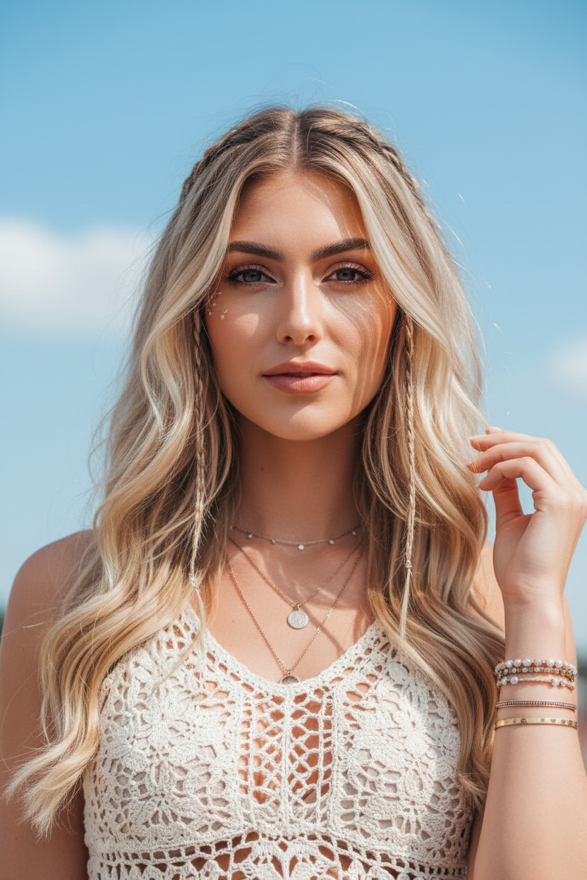 6. Boho Baby Braids Ein festivaltauglicher Look. Eine Frau mit langen, welligen Haaren hat zwei winzige Zöpfe, die ihr Gesicht umrahmen. Sie trägt ein Häkeltop. Blauer Himmel im Hintergrund.