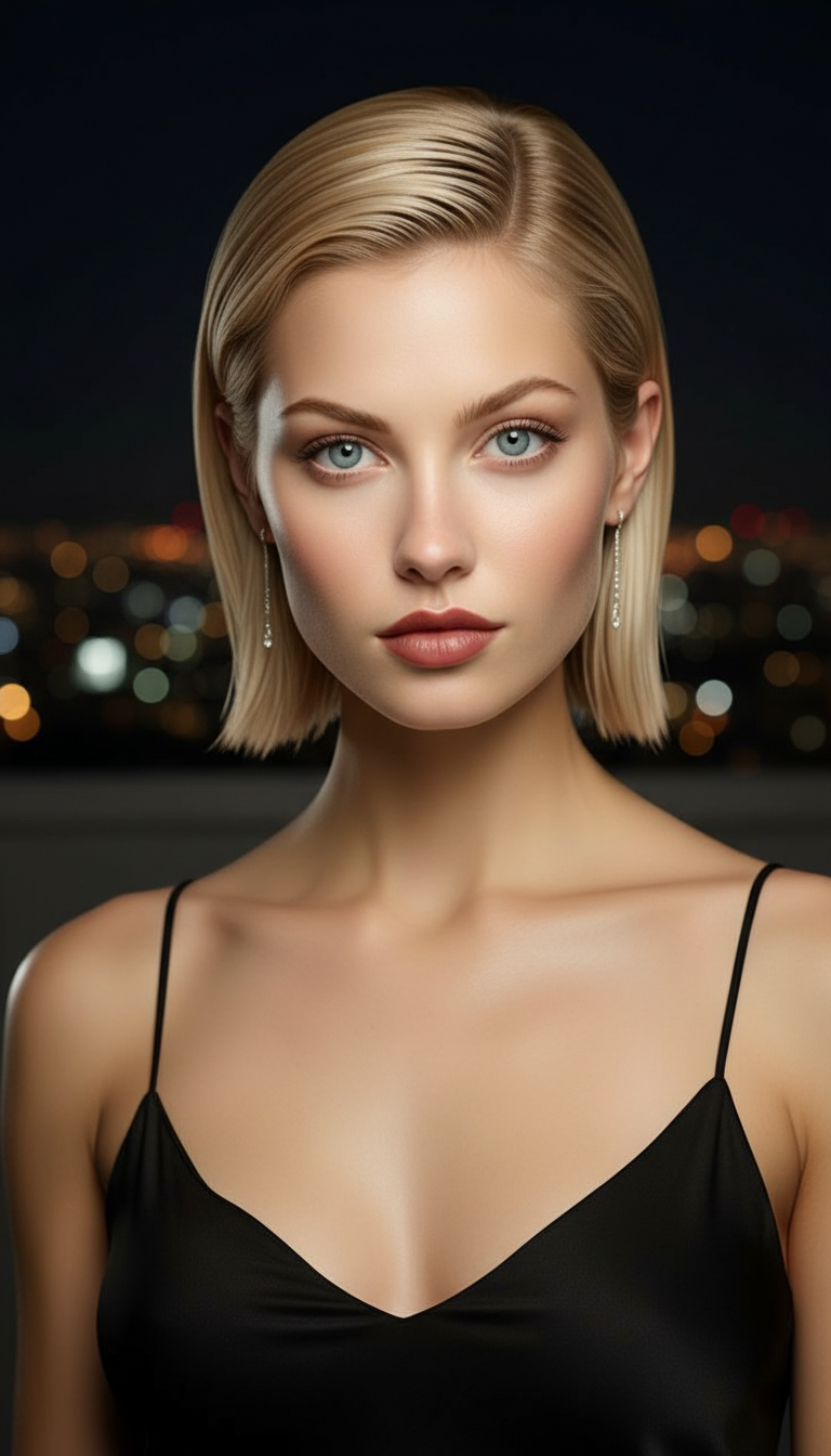 5. Der „Wet Look“-Bob Eine Frau in einem schwarzen Slipdress auf einer abendlichen Dachparty. Ihr kinnlanger Bob ist mit einem Wet-Look-Gel nach hinten geglättet und hinter die Ohren gesteckt. Stadtlichter im Hintergrund.