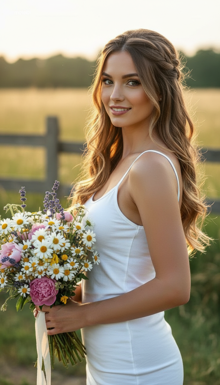 4. Golden Hour Balayage Nahaufnahme einer brünetten Frau mit sonnengeküssten Karamell-Highlights, die ihr Gesicht umrahmen. Sie trägt ein einfaches weißes Tanktop. Die Beleuchtung ist warm und golden (Sonnenuntergang).