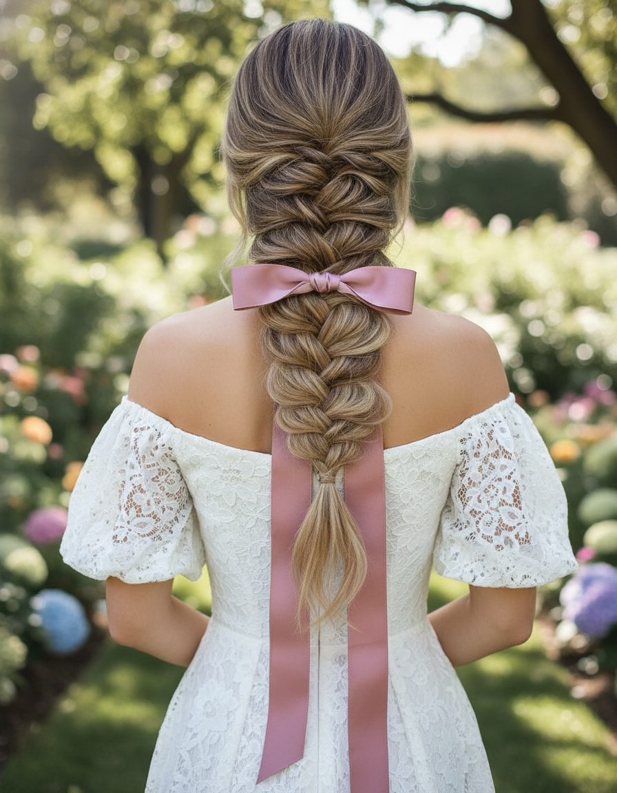 模特背部视图，拥有蜂蜜金色头发， styled in a loose, intricate fishtail braid。一条长而超大的灰粉色缎带编入发辫中，并在颈后系成一个大蝴蝶结。她穿着带有泡泡袖的白色蕾丝连衣裙。背景是柔焦的、日间光线充足的花园。