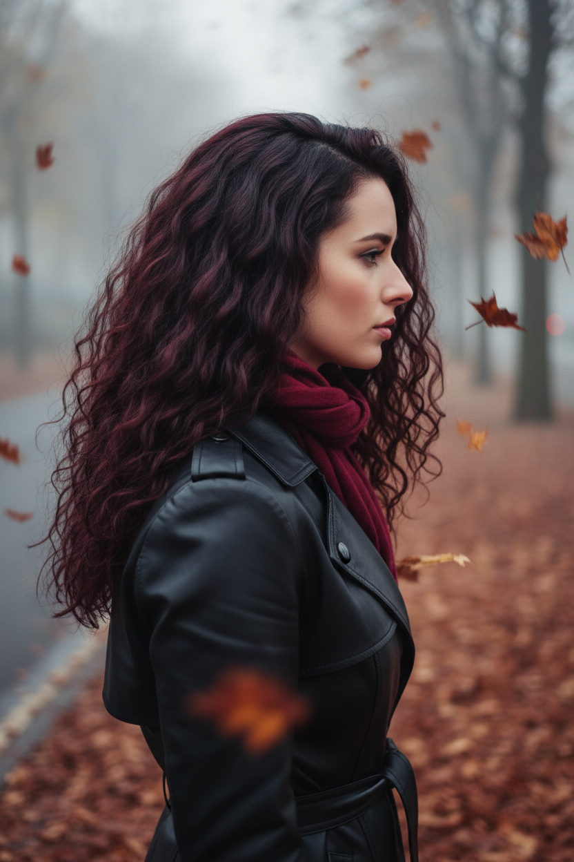 Side profile, outdoor shot. Model has waist-length wavy hair dyed in a deep 'Black Cherry' (dark brownish-red) hue. The hair is glossy and reflects the overcast sky. She wears a black leather trench coat and a burgundy scarf. Background is a foggy autumn street with falling leaves.