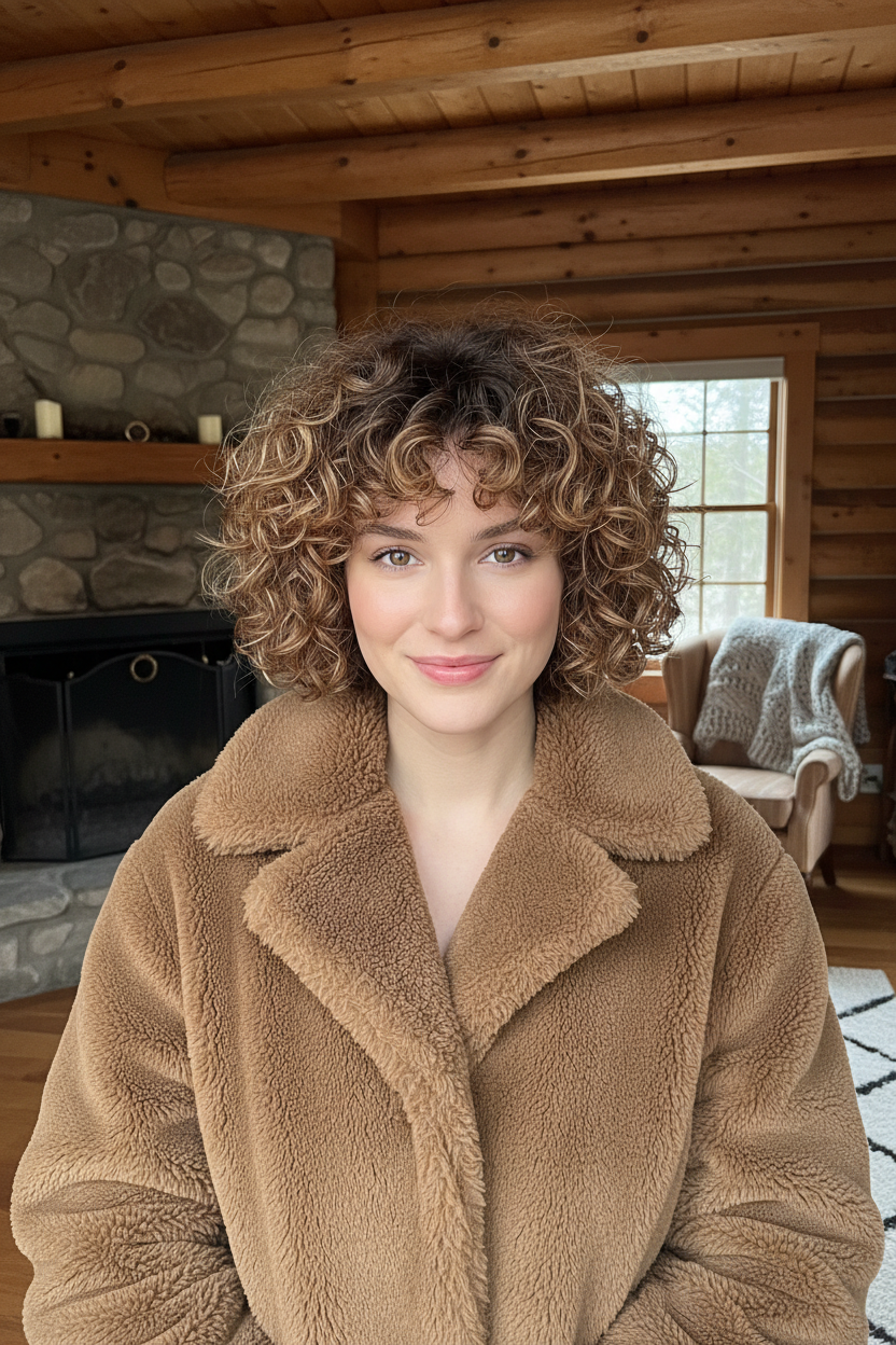 Front view. Model with natural 3b curls cut into a rounded shag with bangs. The hair is honey-brown with caramel highlights, looking incredibly fluffy and soft. She wears a brown faux-fur "teddy" coat. Background is a wooden cabin interior.