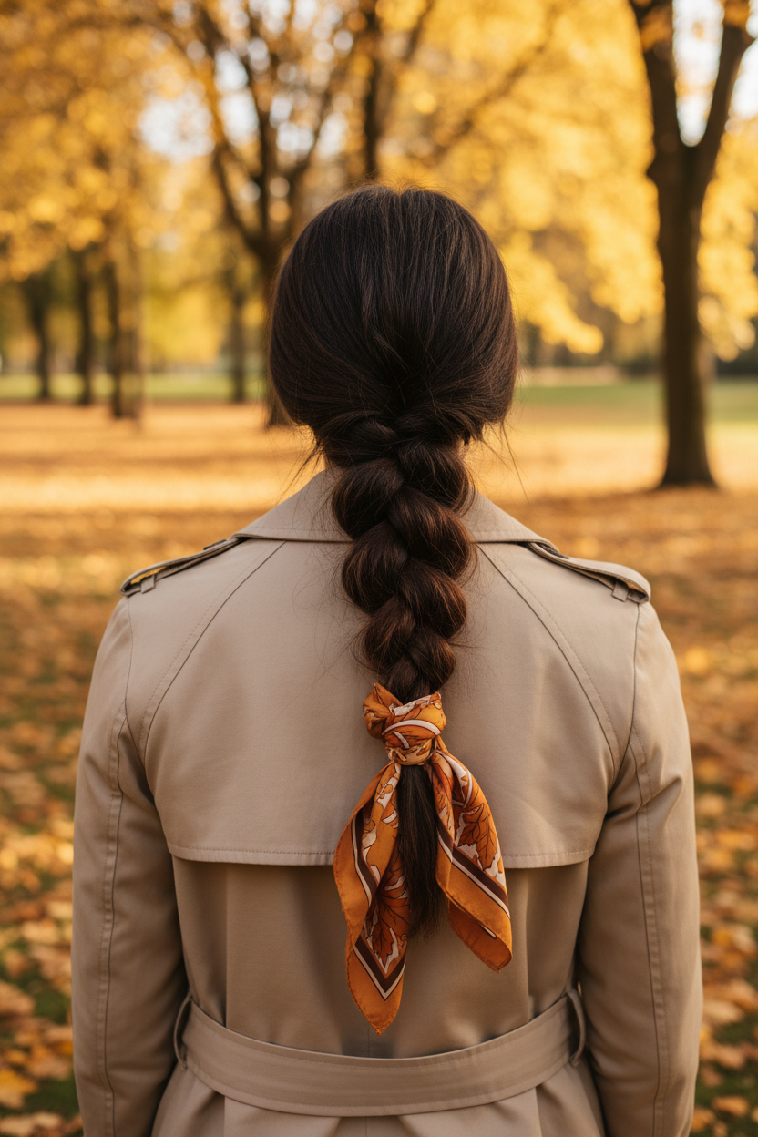 Back view. A thick, loose braid rests on the back of a beige trench coat. A silk scarf with a vintage autumn print (burnt orange and gold) is woven through the braid. Model has dark chocolate hair. Background is a park with golden trees.