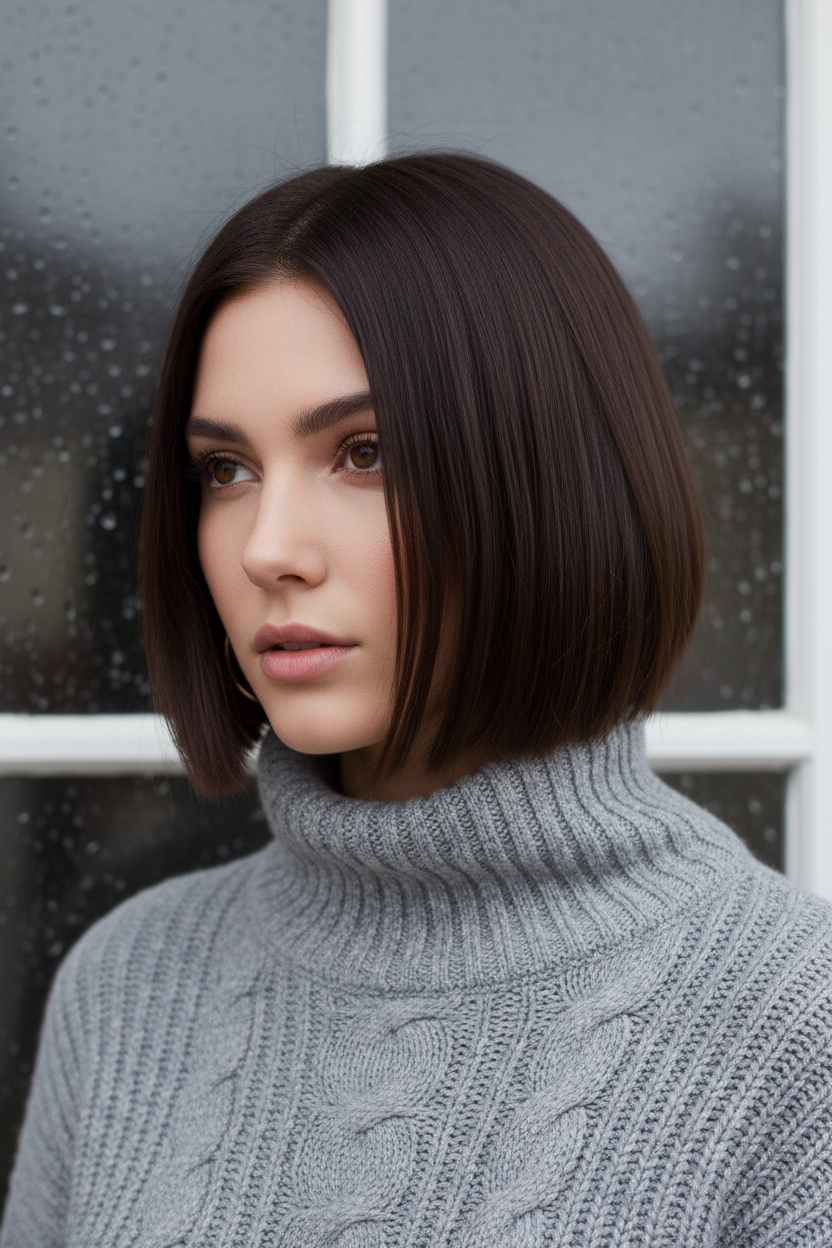 Close-up portrait. Model has a chin-length blunt bob in a solid, dark 'Espresso' brown. The hair is tucked into the collar of a chunky grey turtleneck sweater. She wears gold hoop earrings. Background is a blurred rainy window.