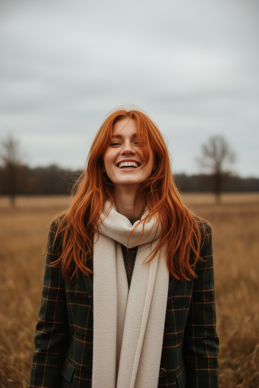 Medium shot. Model laughing, wind blowing her hair. Long, layered hair in a vibrant 'Fox Red' (copper-orange) color. She wears a plaid blazer and a cream scarf. Background is an overcast autumn field.