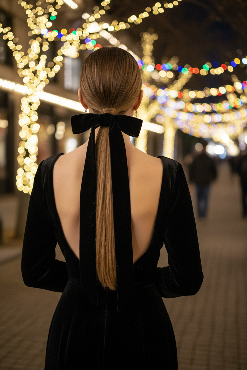 Rear view. Sleek low ponytail tied with a long, black velvet ribbon bow. The hair is straight and polished. Model wears a black backless velvet dress. Background is a festive evening setting with fairy lights.