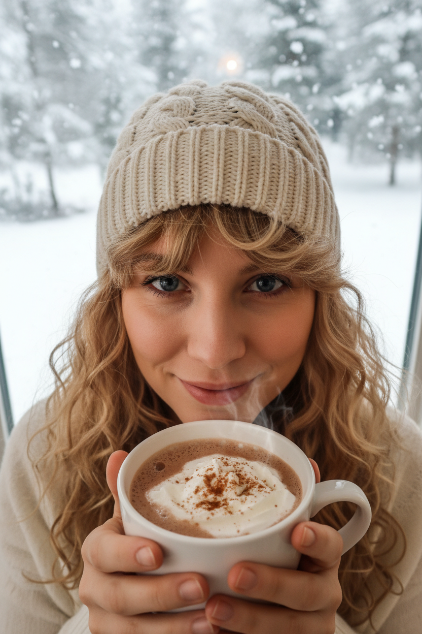 Selfie angle. Model wearing a cream knitted beanie hat. Wispy, soft "Cloud Bangs" poke out from under the hat, framing her eyes. She has wavy mid-length hair. She holds a cup of hot cocoa. Background is a snowy window.