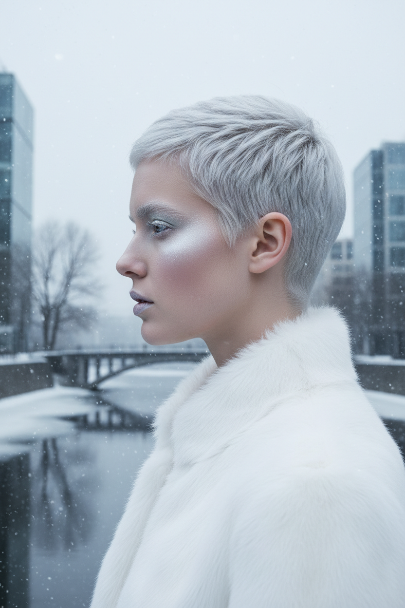Profile view. Model with a short, textured pixie cut dyed in icy silver-white. She wears a high-collar faux fur coat in snow white. Her makeup is cool-toned with frosty highlighter. Background is a stark, modern winter cityscape.