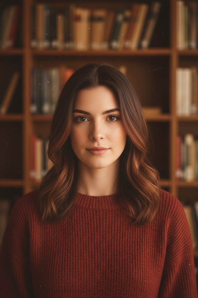 Front view, warm lighting. Model with dark brunette hair featuring face-framing highlights in a warm "Cinnamon Spice" (reddish-brown) tone. She wears a rust-colored sweater. Background is a cozy library with bookshelves.