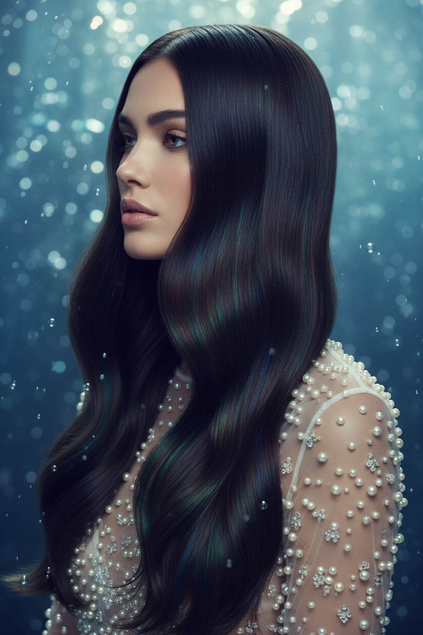Eine ätherische Nahaufnahme eines Models von der Brust aufwärts. Ihr taillenlanges "Deep Ocean Brunette"-Haar fällt in unglaublich glatten, hochglänzenden Flüssigkeitswellen, die das Licht wie Glas reflektieren. Sie trägt ein perlenbesticktes, durchscheinendes Oberteil. Der Hintergrund ist ein weichgezeichneter, schimmernder Unterwassereffekt.