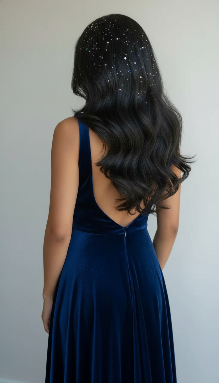 Ein atemberaubendes Foto zeigt das Model von hinten mit dichtem, hüftlanger "Cosmic Black"-Haar. Winzige, irisierende, sternförmige Glitzerpartikel sind geschickt auf den oberen Schichten ihres Haares verteilt. Sie trägt ein rückenfreies, tiefblaues Samtkleid.
