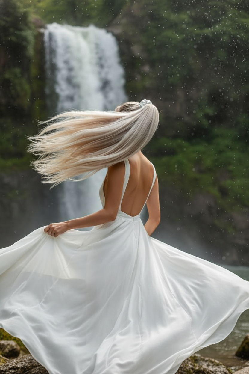 Eine dynamische Action-Aufnahme eines Models von hinten, ihr ultra-langer "River Pearl Blonde"-Pferdeschwanz schwingt dynamisch. Der Pferdeschwanz ist unglaublich glatt und wird mit einem passenden Seiden-Scrunchie hoch gebunden. Sie trägt ein rückenfreies, fließendes weißes Chiffonkleid. Der Hintergrund ist ein nebliger Wasserfall.