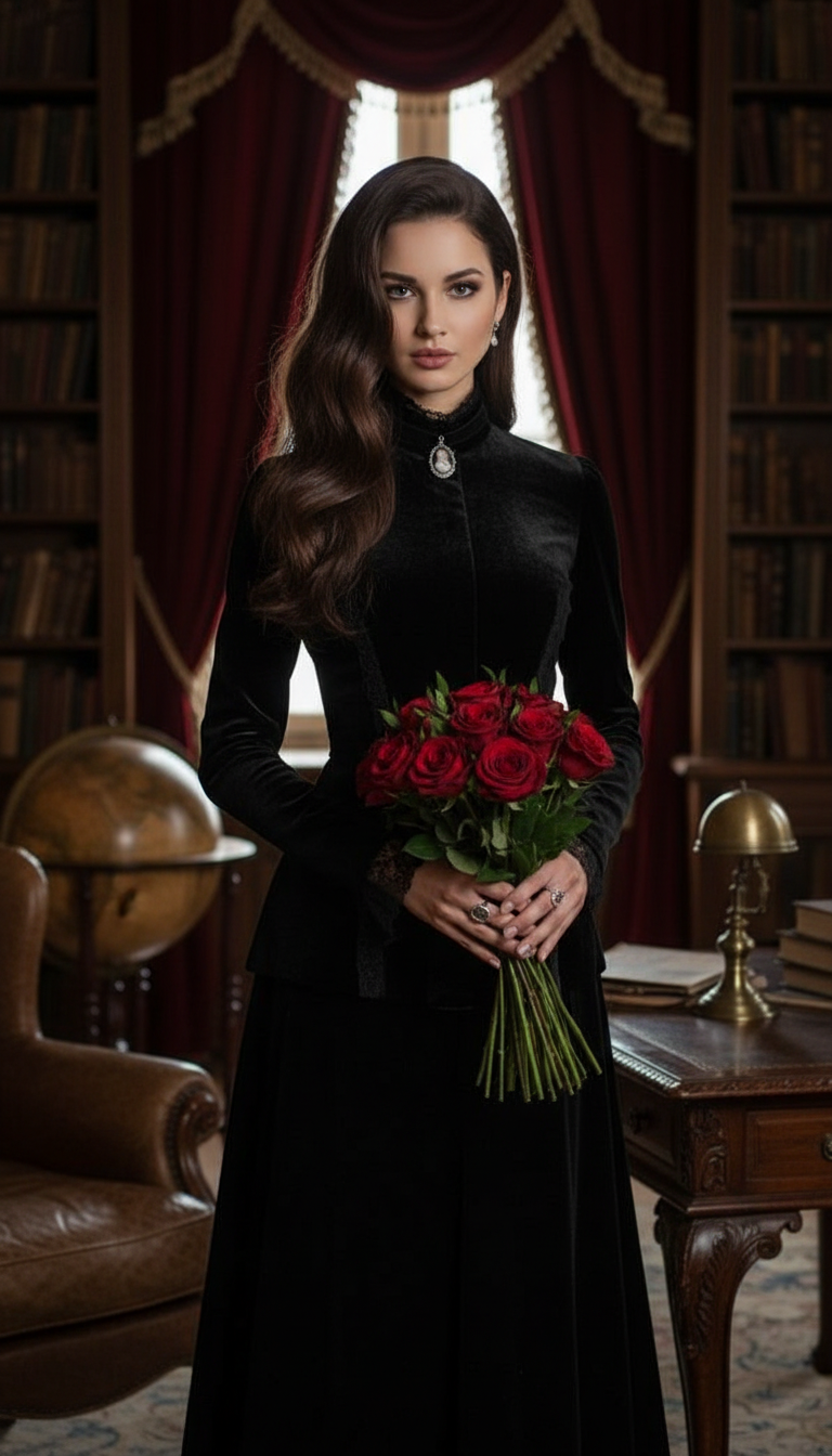 Eine stimmungsvolle, dramatische Aufnahme von langem, "Dark Chocolate"-braunem Haar eines Models, gestylt mit weichen, voluminösen Wellen, die ihr Gesicht umrahmen. Sie trägt ein hochgeschlossenes, schwarzes Samt-Oberteil im viktorianischen Stil. Der Hintergrund ist eine schwach beleuchtete, antike Bibliothek.