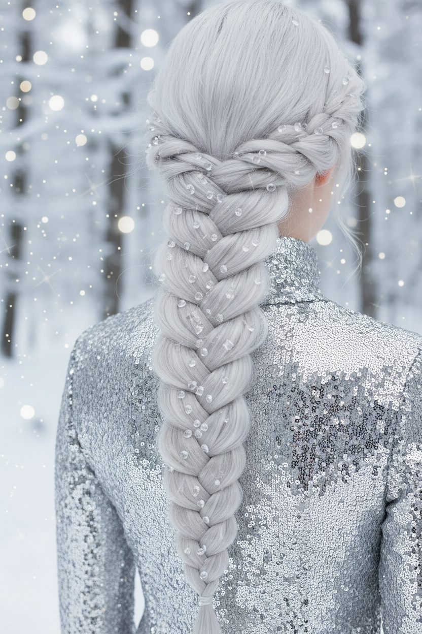 Eine bezaubernde Nahaufnahme eines langen, kunstvoll geflochtenen "Icy Platinum Blonde"-Zopfes eines Models. Zarte, schimmernde klare Kristalle sind im gesamten Zopf eingebettet und fangen das Licht wie gefrorener Tau ein. Sie trägt ein silbernes Pailletten-Oberteil mit hohem Kragen. Der Hintergrund ist ein verschwommener, funkelnder, schneebedeckter Wald.