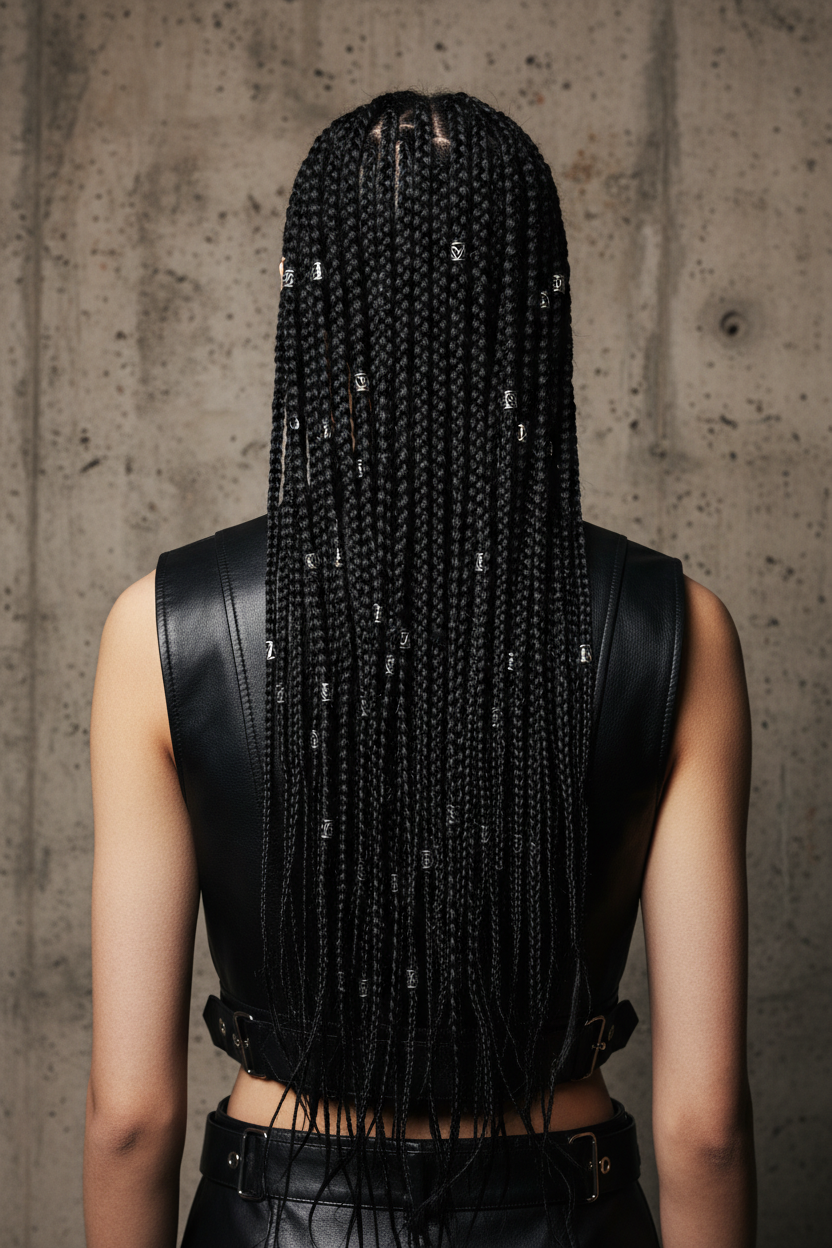 Eine kühne, kantige Aufnahme von dichtem "Ebony Black"-Haar eines Models, das zu mehreren engen, parallelen Zöpfen gestylt ist, die sich ihren Rücken bis zur Taille hinab schlängeln. Kleine, kunstvolle silberne Metallringe sind in regelmäßigen Abständen in die Zöpfe eingefädelt. Sie trägt eine schwarze Leder-Weste. Der Hintergrund ist eine rohe, industrielle Betonwand.