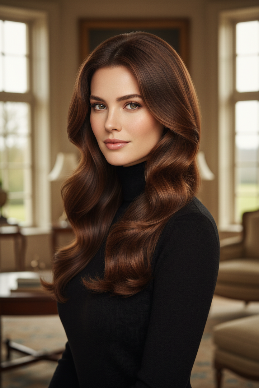 Ein raffiniertes Porträt eines Models, deren "Rich Chestnut Brown"-Haar elegant zur Seite gefegt ist und enormes Volumen und polierte Wellen zeigt. Ihr Haar fällt über ihre Schulter und reicht fast bis zur Taille. Sie trägt einen klassischen schwarzen Kaschmir-Rollkragenpullover. Der Hintergrund ist ein verschwommener, opulenter Interieur eines Herrenhauses mit sanftem Tageslicht.