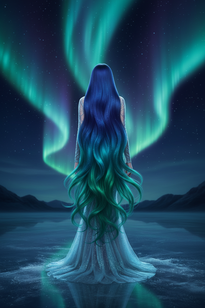 Eine atemberaubende Ganzkörper-Rückansicht eines Models mit dramatisch langem, fließendem Haar. Die Farbe geht von einem tiefen "Mystic Indigo" am Ansatz zu schimmerndem "Electric Teal" und "Emerald Green" an den Spitzen über und imitiert die Aurora Borealis. Sie trägt ein durchsichtiges, schillerndes Meerjungfrauen-Abendkleid. Der Hintergrund ist ein stilisierter, leuchtender Aurora-Borealis-Himmel.