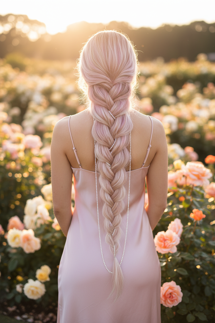 Eine fesselnde Aufnahme eines Models von hinten, die einen langen "Rose Quartz Blonde"-Wasserfallzopf zeigt, der ihren Rücken hinunterläuft. Eine zarte Kette aus winzigen, glänzenden Perlen ist kunstvoll in die "Wasserfall"-Abschnitte des Zopfes eingewebt. Sie trägt ein zartrosa Seiden-Slipdress. Der Hintergrund ist ein sonnenbeschienener, blühender Rosengarten.