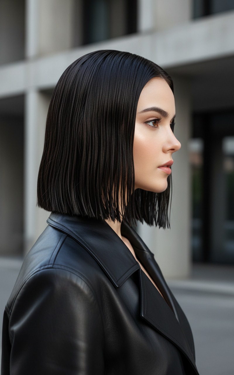 Look 2: The High-Shine Hydro Lob Profile portrait of a model with a collarbone-length, pin-straight Hydro Lob. Her dark, jet-black hair has an intense wet-look shine and blunt ends. She wears a minimalist black leather trench coat. Background is modern concrete architecture.