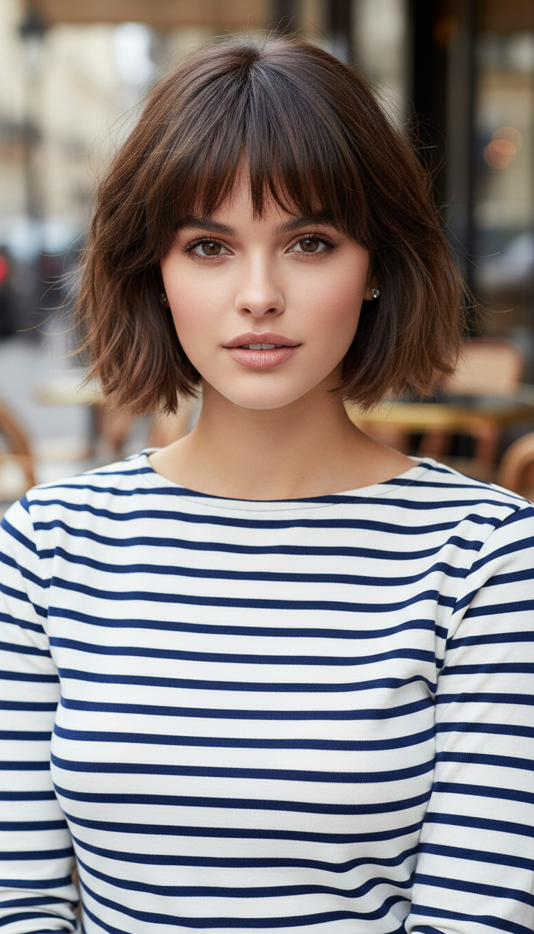 Look 4: The Parisian Micro-Bob Close-up on a woman with a very short, chin-length French Micro-Bob with tousled bangs. Her natural brunette hair has a soft texture. She wears a classic striped mariniĆØre shirt. Background is a blurred outdoor cafe in Paris.