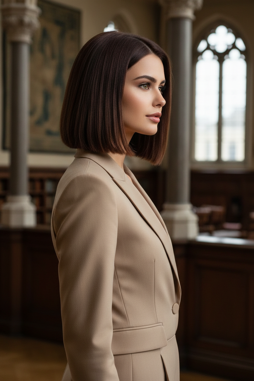 Look 6: The "Old Money" Blunt Cut In a side profile shot, a woman sports a perfectly straight, blunt-cut "old money" bob haircut in a rich chestnut color. Her hair ends are sharp as a razor. She is wearing a well-tailored beige suit. The background is the interior of a historic building.
