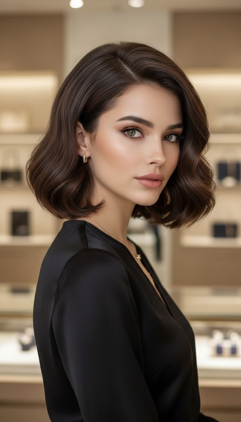 Look 7: The Italian Glamour Bob Portrait of a model with a voluminous chin-length Italian Bob styled in large, soft, glamorous waves. Her dark chocolate hair has high shine. She wears elaborate gold jewelry and a black silk top. Background is a blurred luxury boutique.