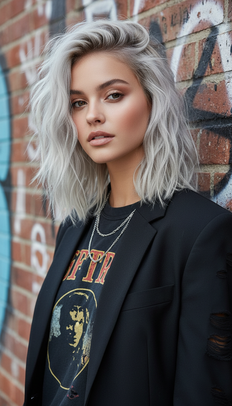 Look 8: The Textured Grunge Lob Medium shot of a woman with a shoulder-length, textured Grunge Lob. Her platinum blonde hair has choppy layers and a deliberately undone, wavy finish. She wears a vintage band tee and a blazer. Background is a brick wall in an art district.