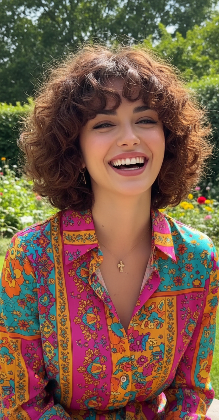 Look 9: The Curly Shag Bob Close-up on a woman with a voluminous Curly Shag Bob and curly bangs. Her natural, coily auburn hair forms a rounded halo shape around her face. She is smiling broadly, wearing a colorful patterned shirt. Natural outdoor light.