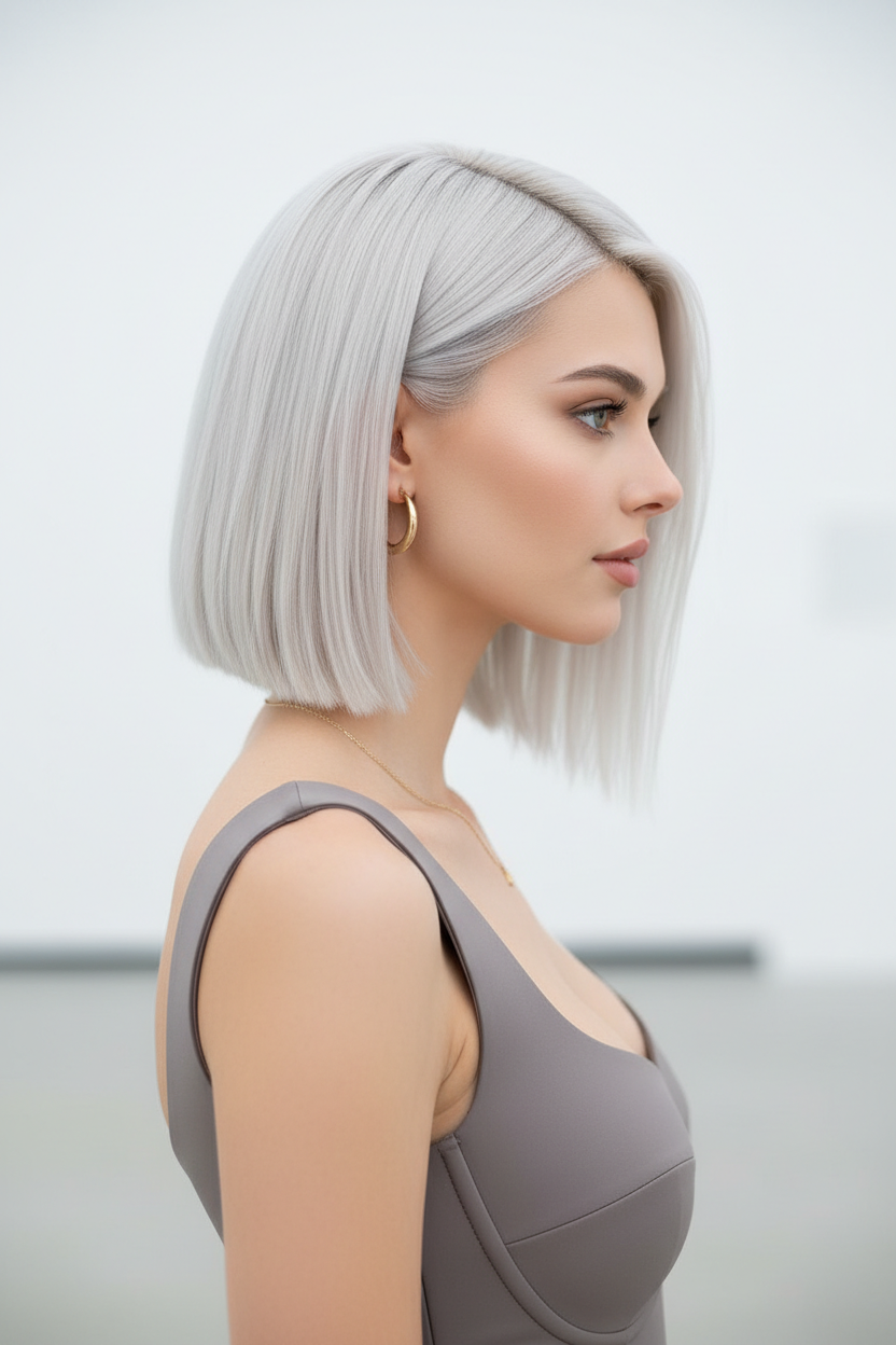 Look 10: The Architectural Platinum Side profile view of a model with a precise, angled chin-length bob dyed an icy platinum blonde. The hairline and ends are incredibly sharp. She wears a high-fashion, sculptural neoprene top. Background is a minimalist white gallery space.