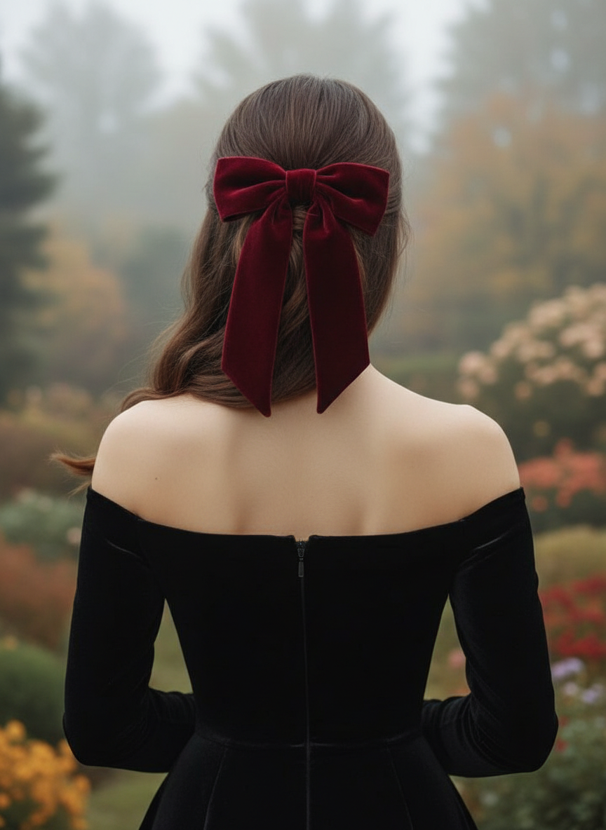 2. 巴洛克蝴蝶结半扎发 一位女士的背部中近景,穿着黑色丝绒露肩上衣。她深巧克力色的头发半扎起来,用一个大号的勃艮第丝绒蝴蝶结固定。背景是朦胧的秋季花园。构图很紧凑,人物几乎填满了整个画面,她头顶上方几乎没有空白空间。