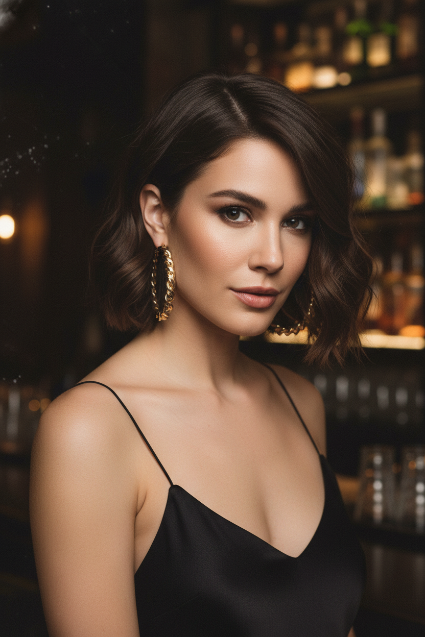 06. 侧分蓬松 the Shag 低角度拍摄一位女士,她留着深侧分巧克力棕色的 the Shag Bob 发型。她戴着醒目的金色圆圈耳环和黑色吊带裙。背景是黑暗、忧郁的酒吧内部。