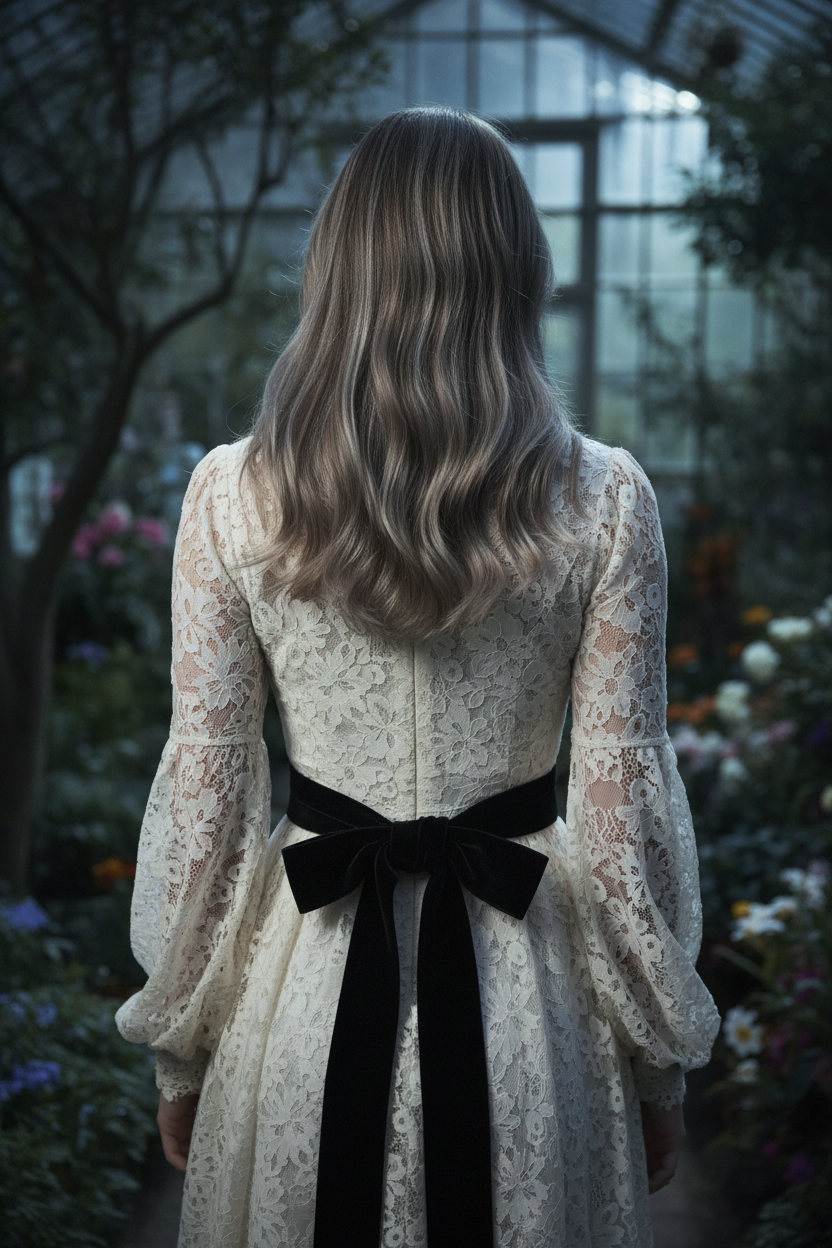 Model in a vintage-inspired lace dress; Mousey Brown hair with cool grey undertones; Moonlit botanical garden; Back view focusing on a long black velvet ribbon.