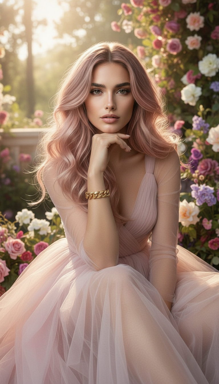 Model in a blush pink tulle gown; Faded Rose Gold hair with voluminous curls; Dreamy flower-filled terrace.