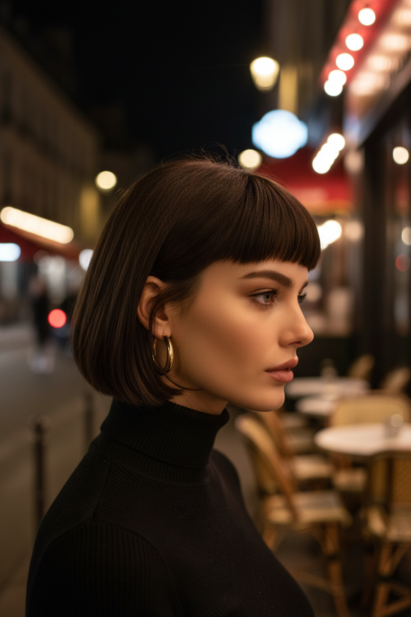 Model in a black turtleneck and gold hoop earrings; Rich Chocolate Brown hair; Parisian street cafe at night; Candid profile shot.