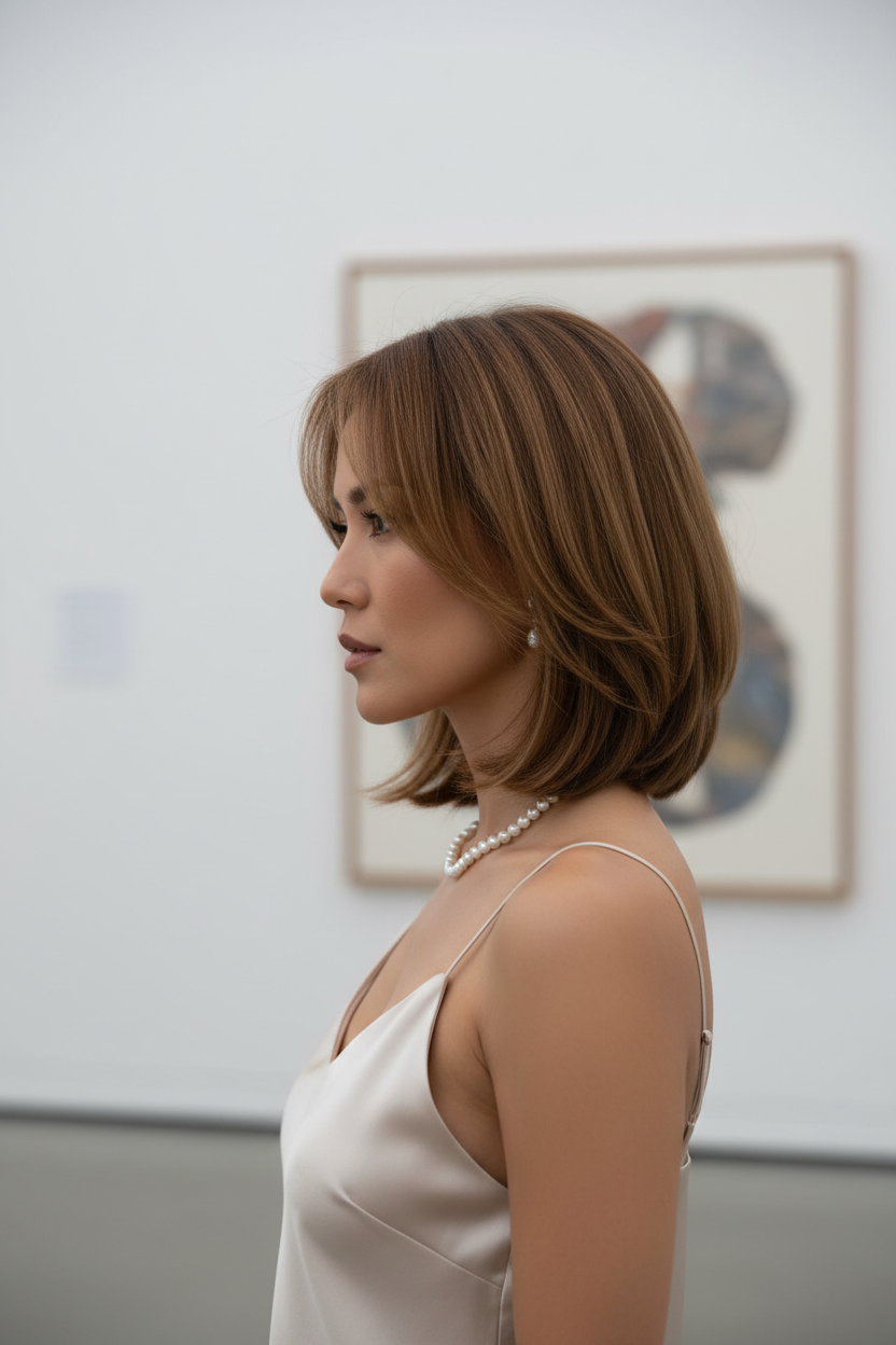 Model wearing a simple silk camisole and pearl necklace; Honey-toned brown hair; Minimalist art gallery; Side-profile looking at a painting.