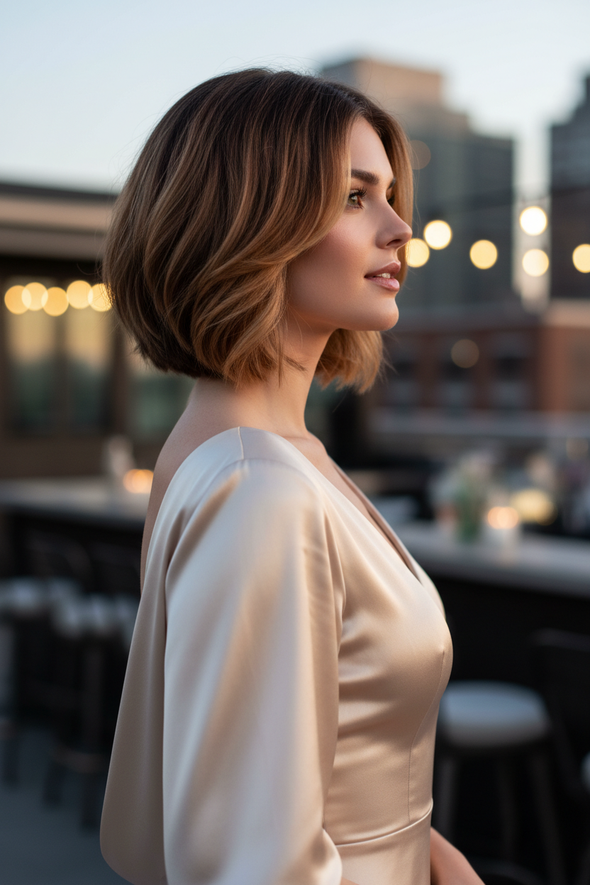 Model in a sleek satin cocktail dress in champagne; Warm Caramel Balayage; Rooftop bar with blurred city lights; 3/4 side view.