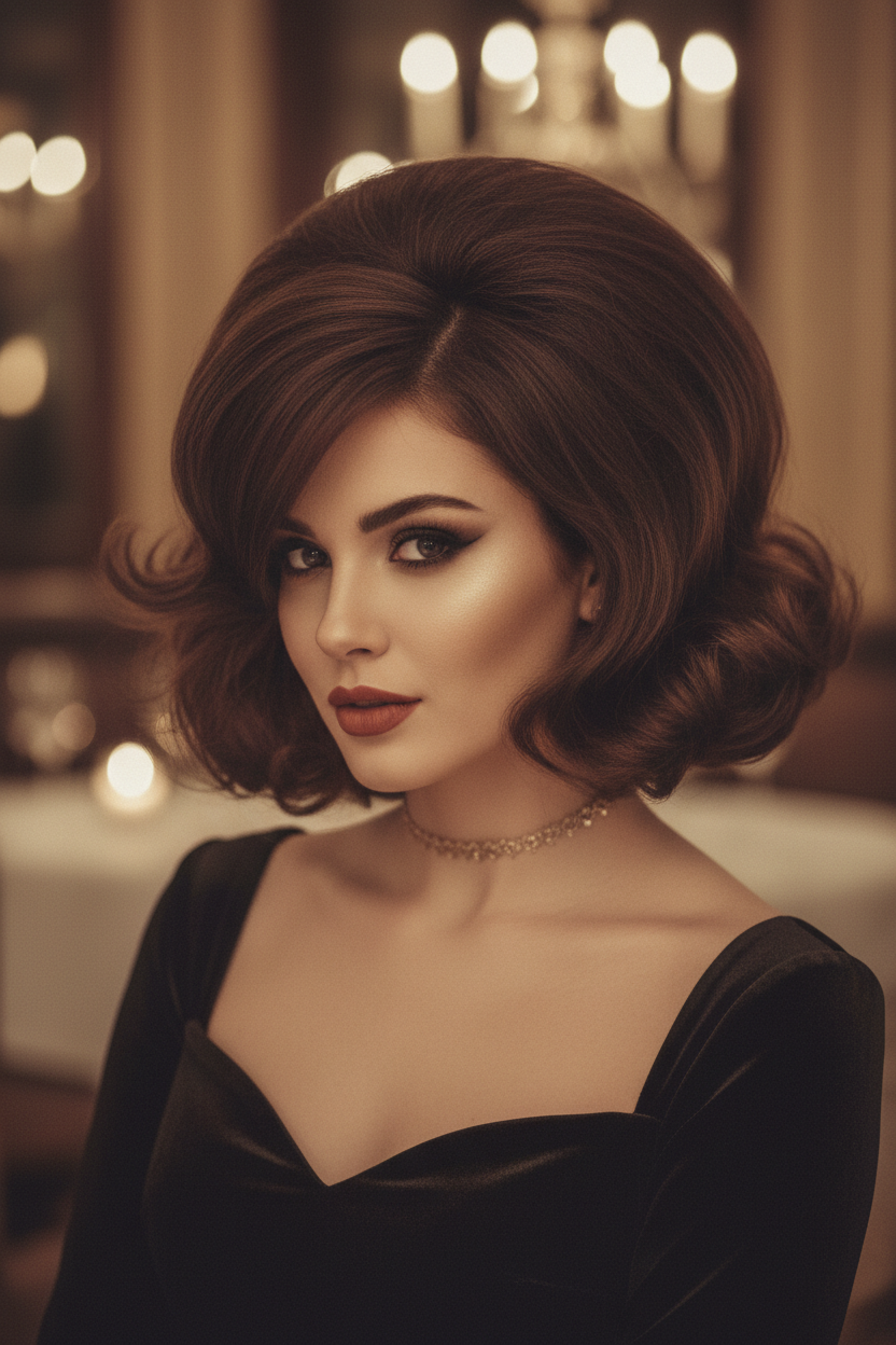 Model in a structured red velvet blazer; Deep Espresso hair with high-gloss finish; Opulent opera house lobby; Frontal portrait.