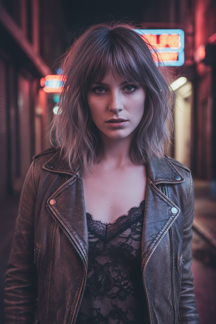 Model in a vintage leather jacket and lace slip; Muted Ash Brown hair; Gritty-chic alleyway with neon lights; Direct eye contact POV.