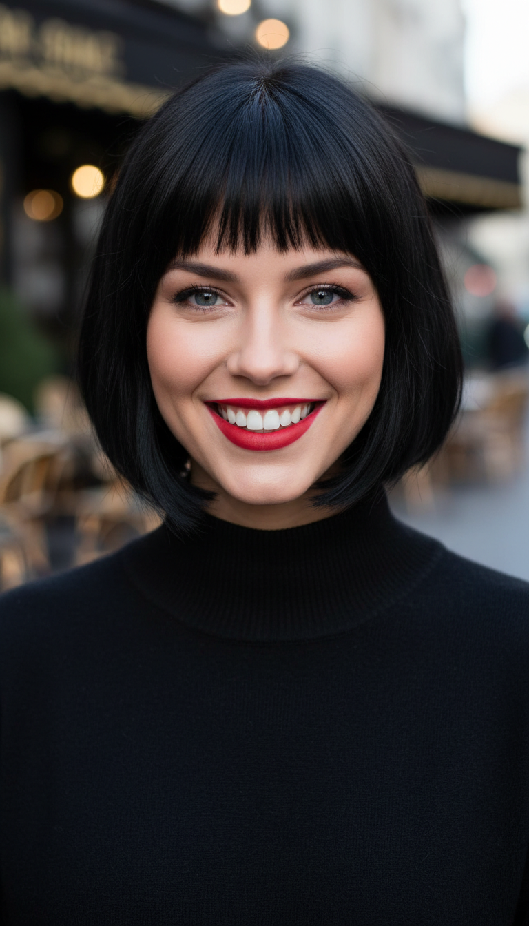 Close-up portrait of a woman with a very short, cheekbone-length bob and choppy micro-bangs. Hair is jet black. She wears a red lip and a black turtleneck. Background is a blurred Parisian street cafe.