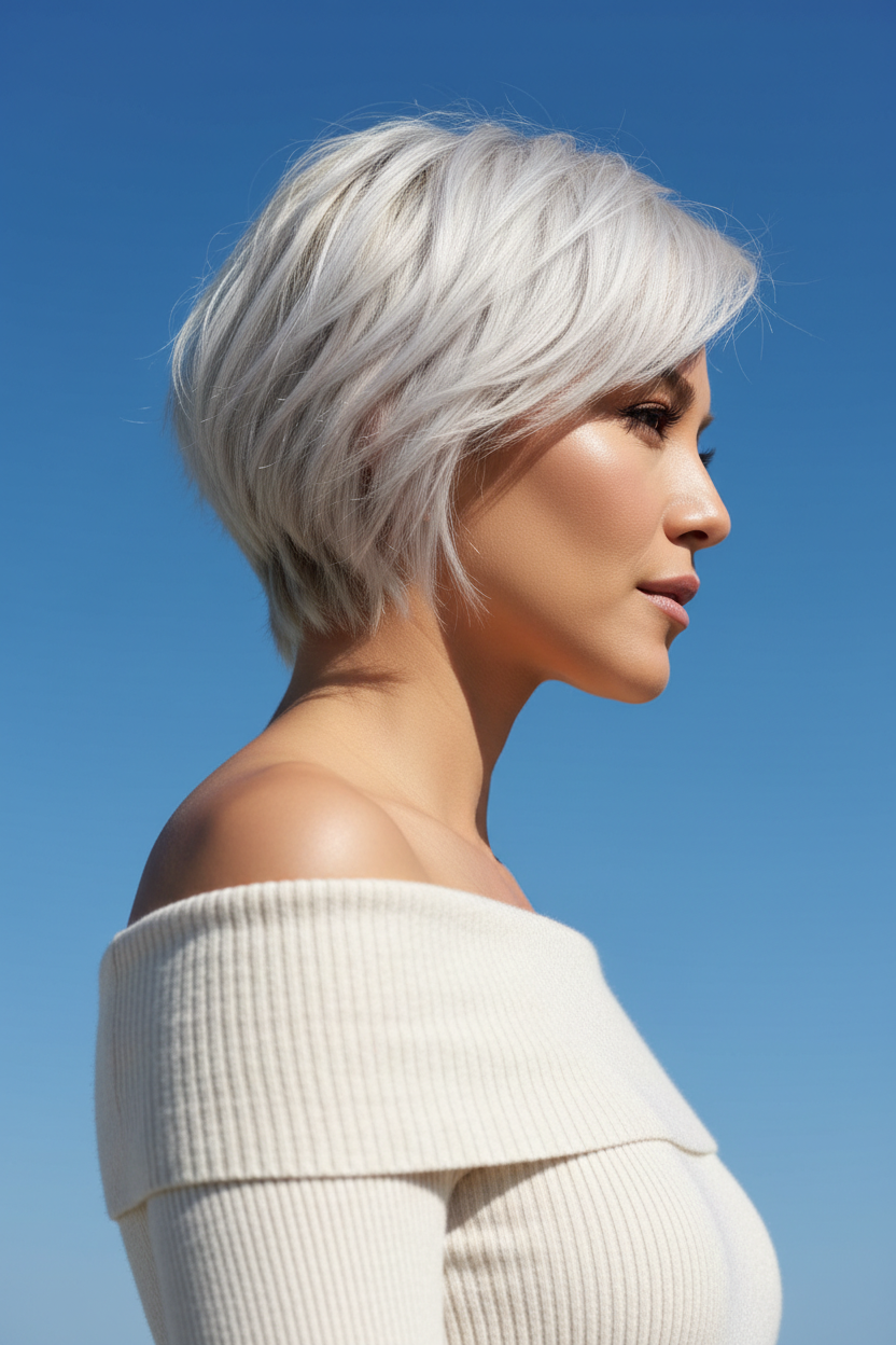 Side profile of a model with platinum blonde hair cut in a mix of a pixie and a bob. Texture is piecey and windblown. She wears an off-shoulder knit top. Background is a clear blue sky (low angle shot).