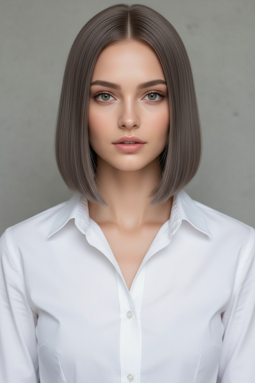 Front view of a model with mid-neck length hair, cut distinctively blunt and square. Hair is a cool-toned ash brown. She wears a white men’s style crisp shirt. Minimalist grey concrete background.