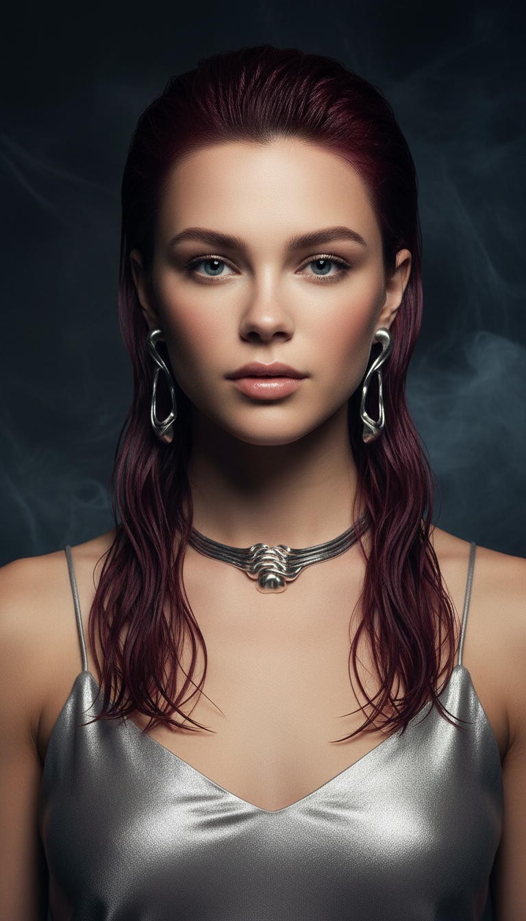 Artistic shot of a woman with a modern mullet (short sides, long textured back) styled with a wet look. Hair is dark red/burgundy. She wears a metallic silver slip dress. Dark, moody lighting.