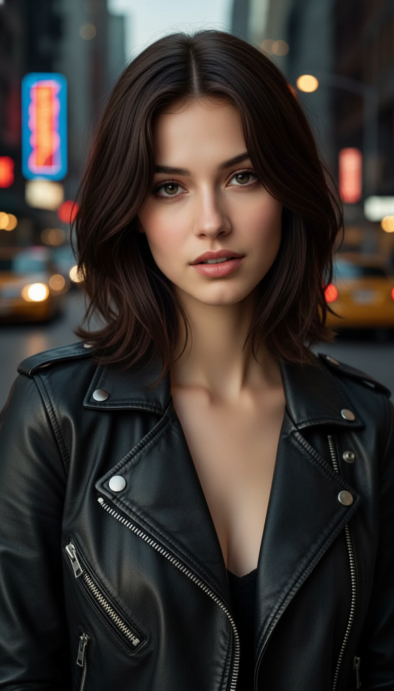 Front portrait of a woman with collarbone-length hair (Lob). Face-framing layers are sweeping and soft. Hair is a rich espresso brown. She wears a leather biker jacket. Urban street background.