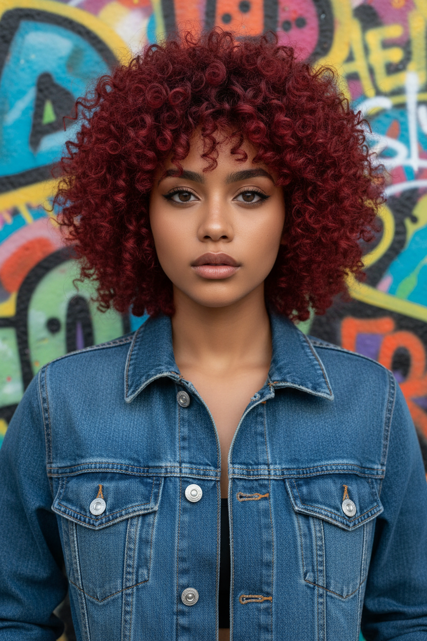 Portrait of a model with natural curly/coily hair cut into a rounded shag shape with bangs. Hair is a vibrant cherry cola red. She wears a denim jacket. Colorful graffiti wall background.