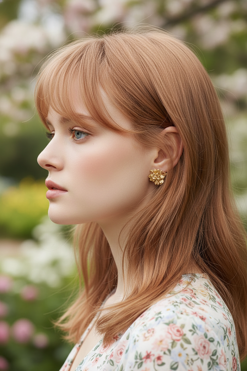 Close-up of a woman with light copper hair. Long layers are paired with see-through, wispy bangs that graze the eyelashes. She wears a floral spring dress. Background is a garden with bokeh effect.