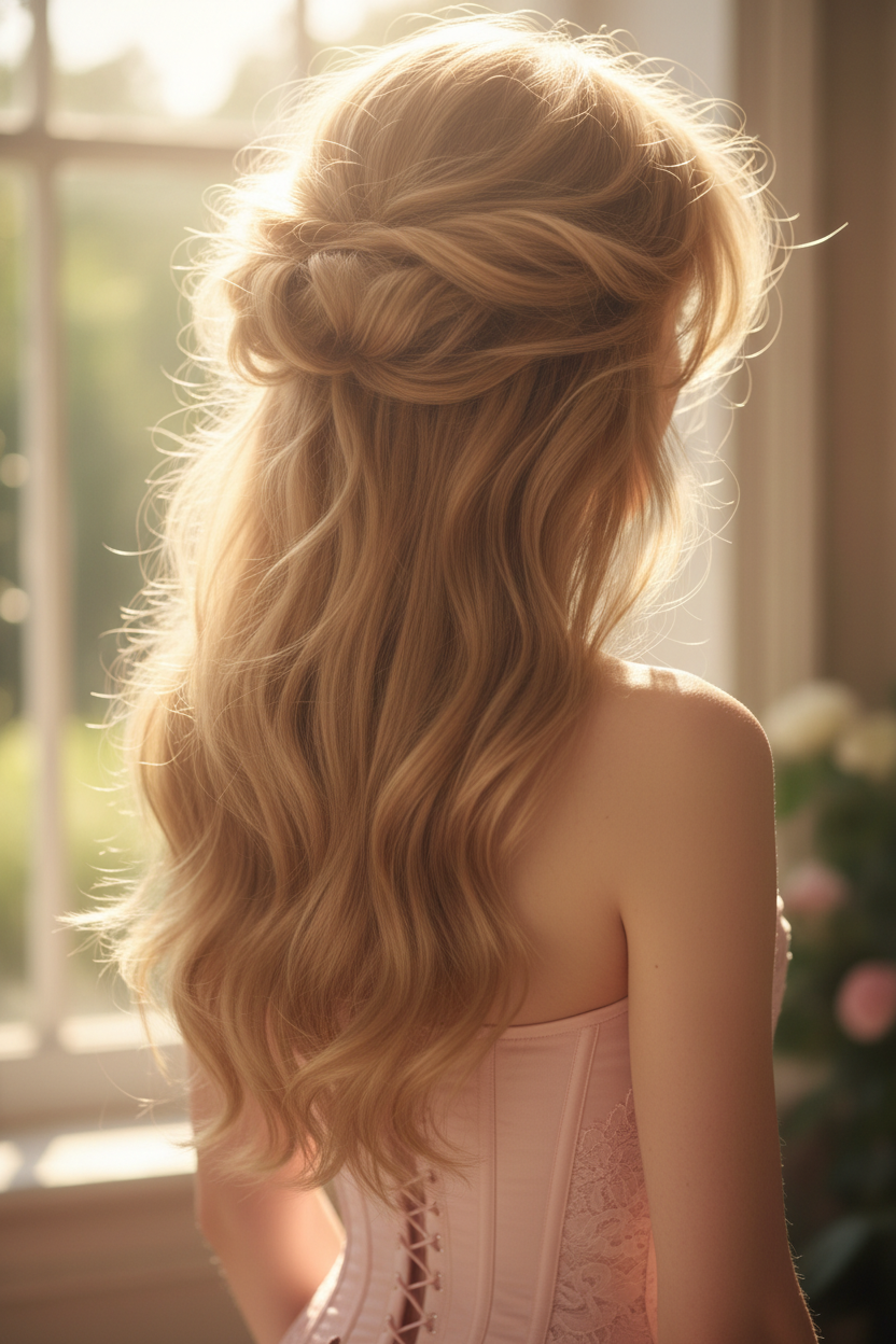 Back view of a model with very long, honey-blonde hair. The layers start very high at the crown, creating a massive, airy rounded shape. She wears a pastel pink corset top. Soft, dreamy sunlight.