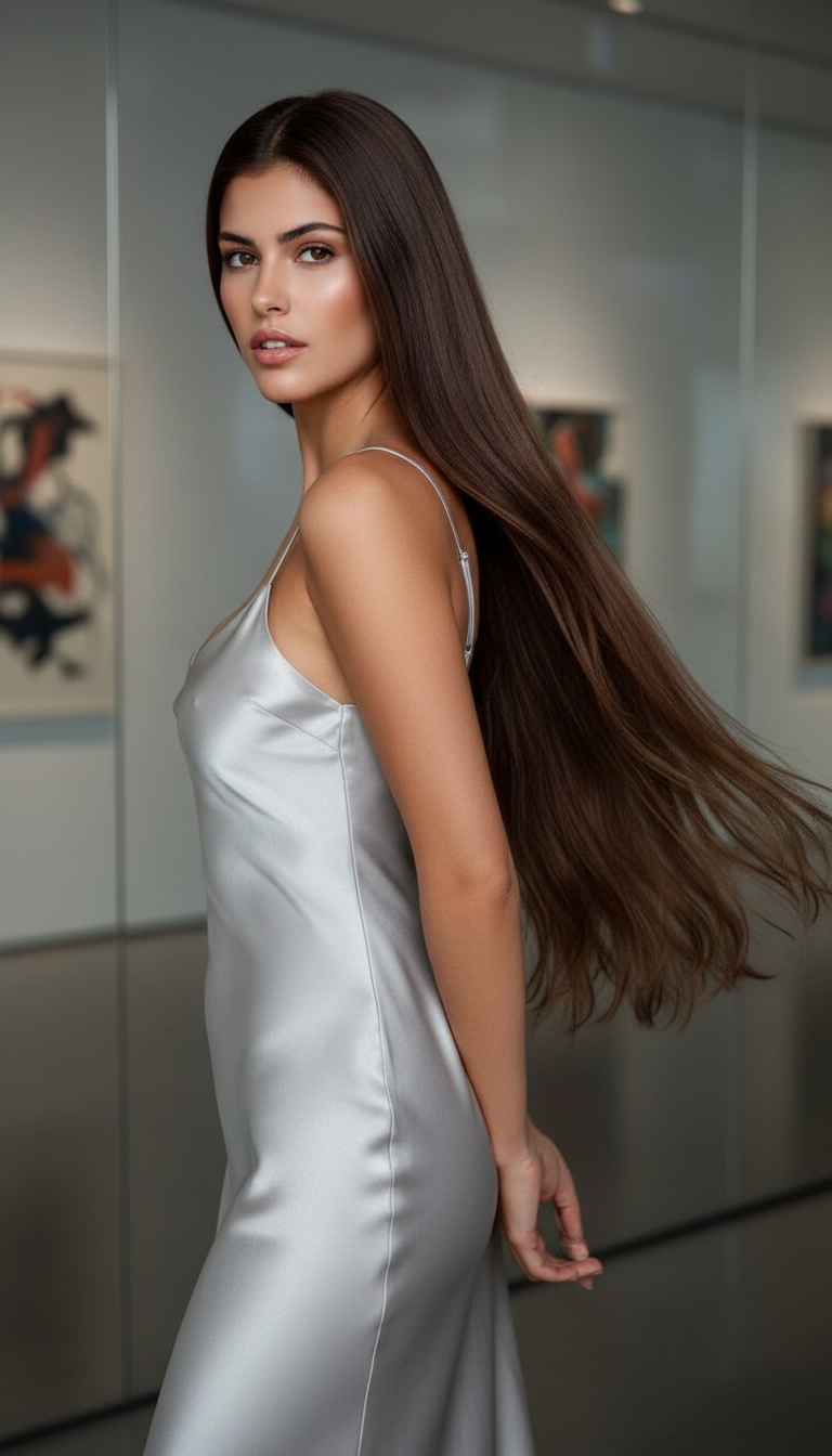 A woman in a luxurious silver silk slip dress, with incredibly smooth, waist-length dark brunette hair that flows like liquid. Her hair appears weighty yet moves fluidly, showcasing imperceptible internal layers, shot from a slightly low angle against a minimalist, reflective art gallery.