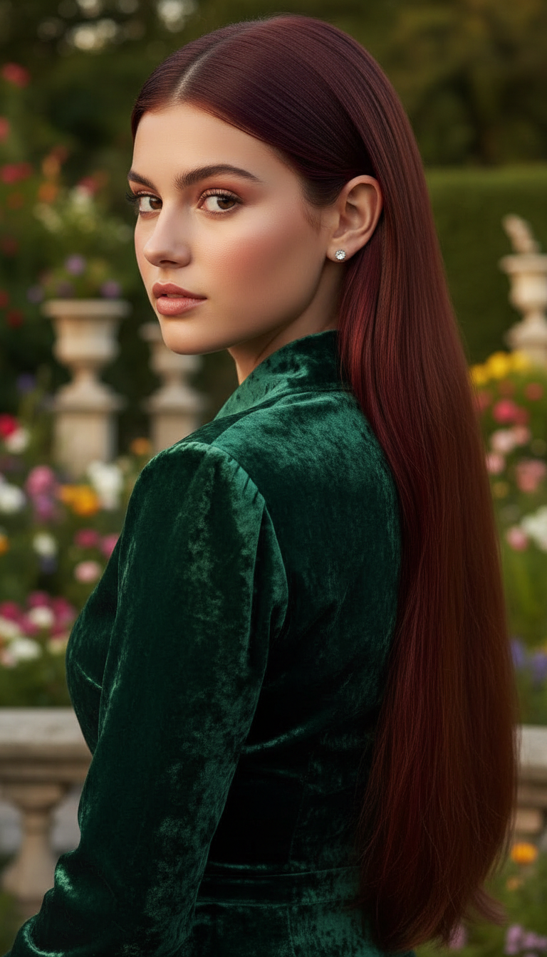 A woman in an elegant emerald green velvet top, facing away slightly to showcase her lustrous, hip-length deep auburn hair. The hair is styled with a distinct deep V-cut at the back, creating a cascading, dramatic effect, photographed from a mid-chest perspective against a blurred opulent garden.