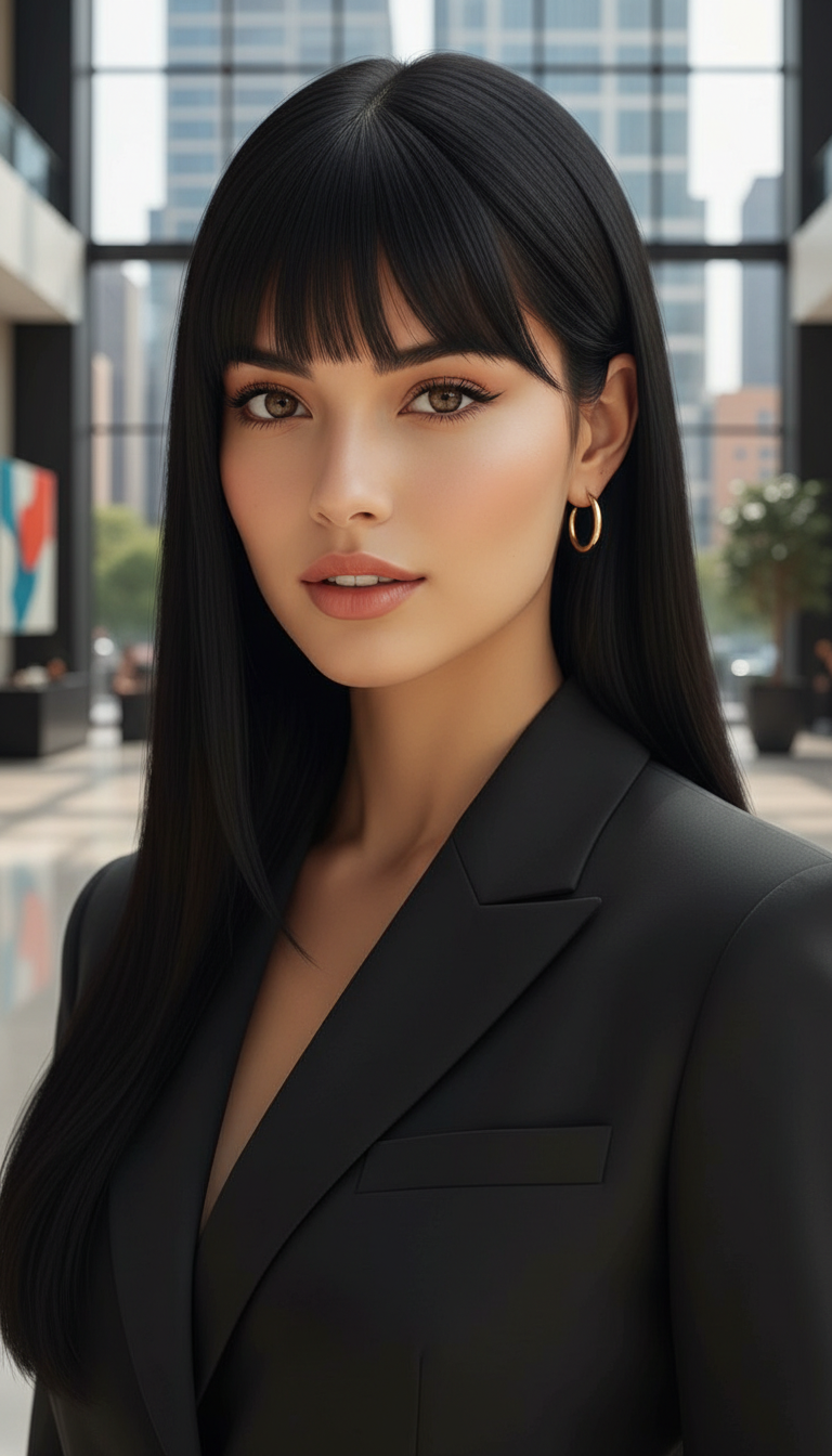 A confident woman in a sharply tailored monochromatic pantsuit, with sleek, ultra-long raven black hair ending in a perfectly blunt, pin-straight cut. Her hair exudes a powerful, minimalist aesthetic, shot from an eye-level perspective in a modern skyscraper lobby.